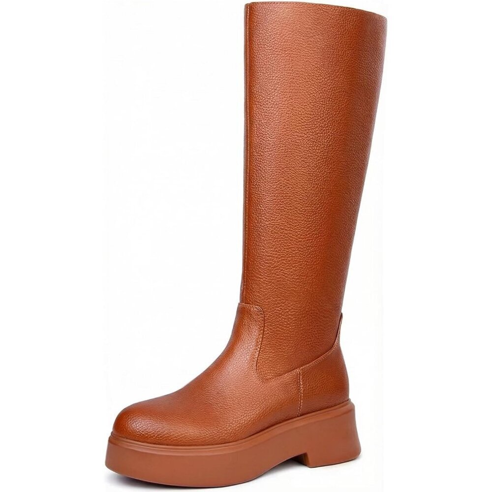 Women's Brown Knee Leather Platform Chelsea Boots Front Zip Chunky Combat Bootie